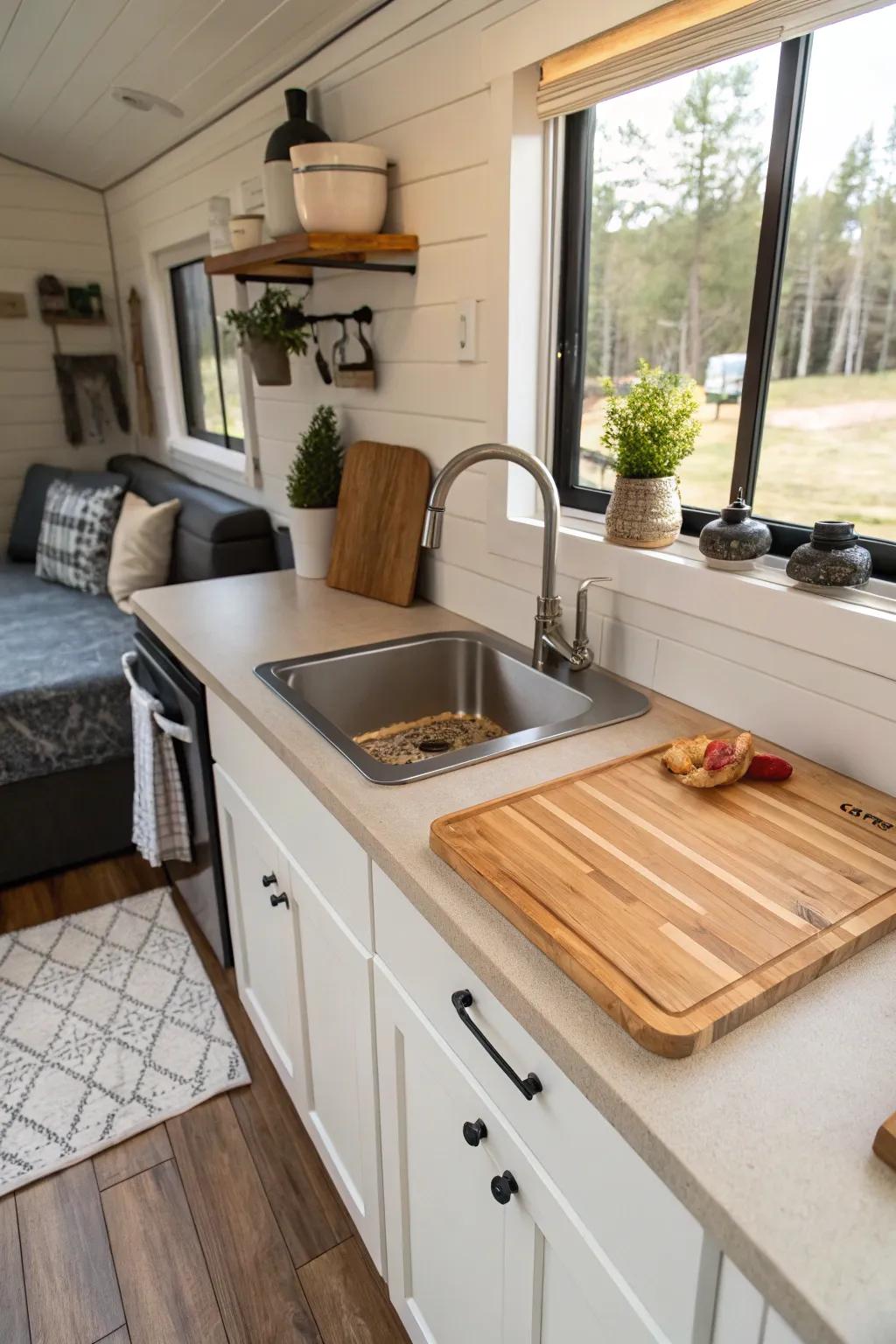 A sink with an integrated prep surface maximizing prep area in a tiny house kitchen.