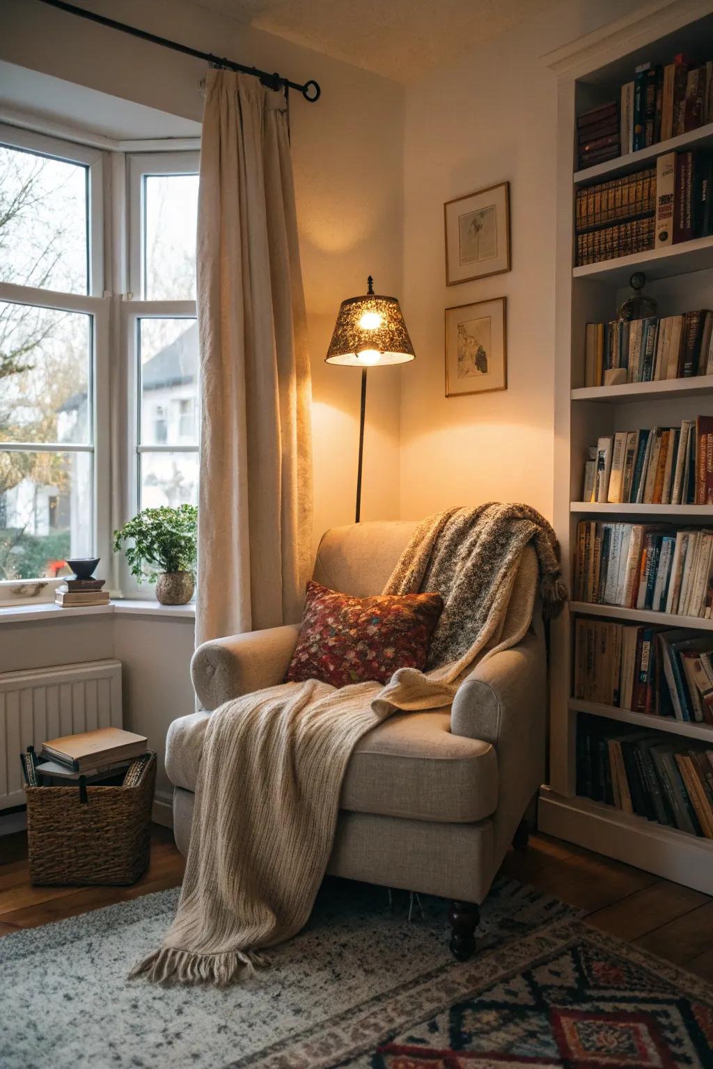 A reading nook offers a charming retreat within the living room.