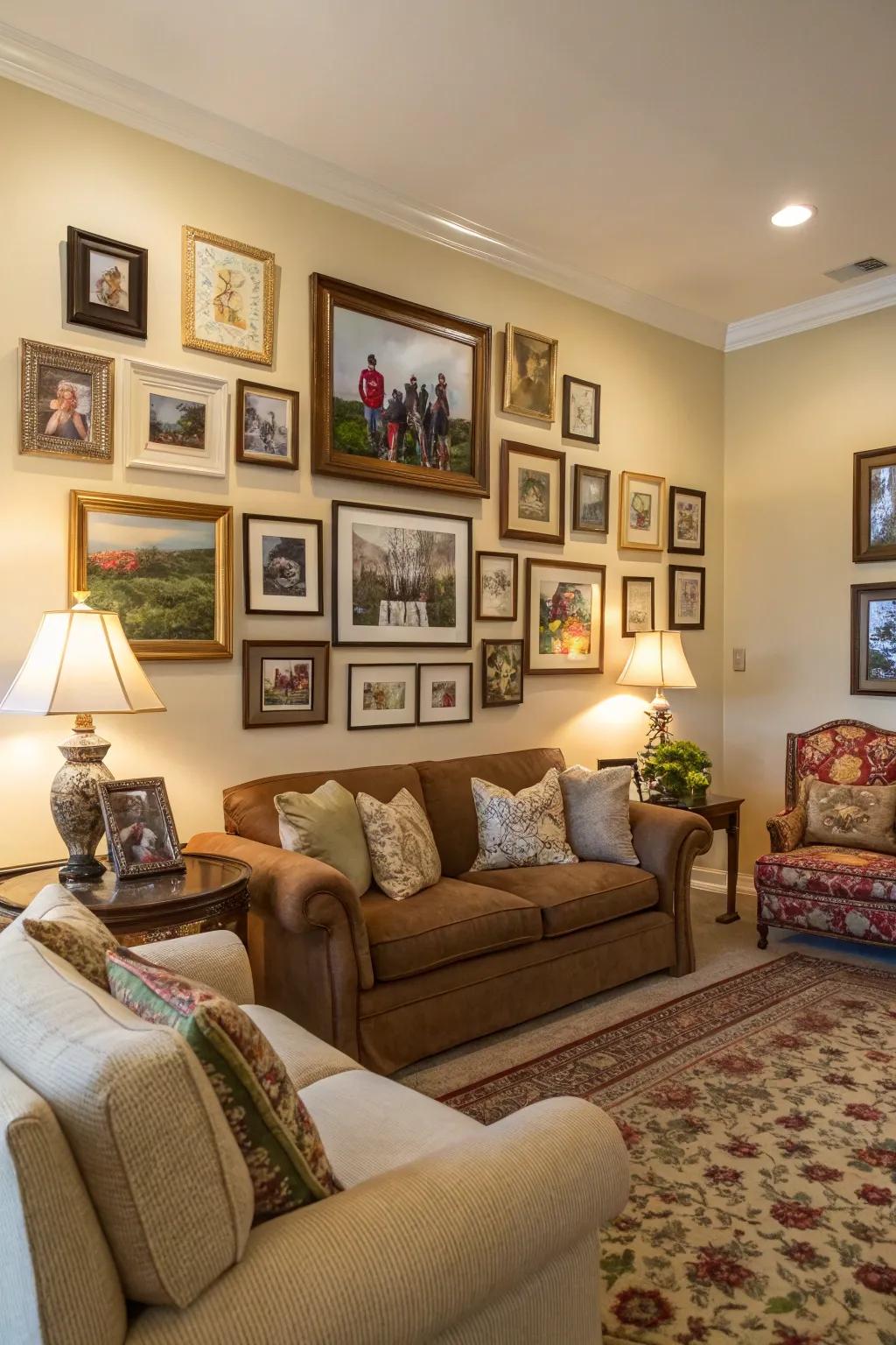 A display wall infuses persona into this traditional family room.