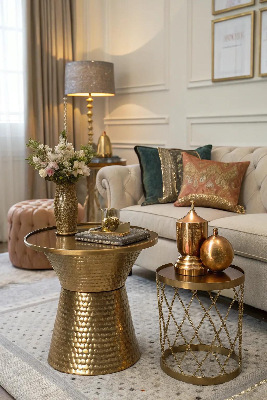 Metallic touches brightening the living room.