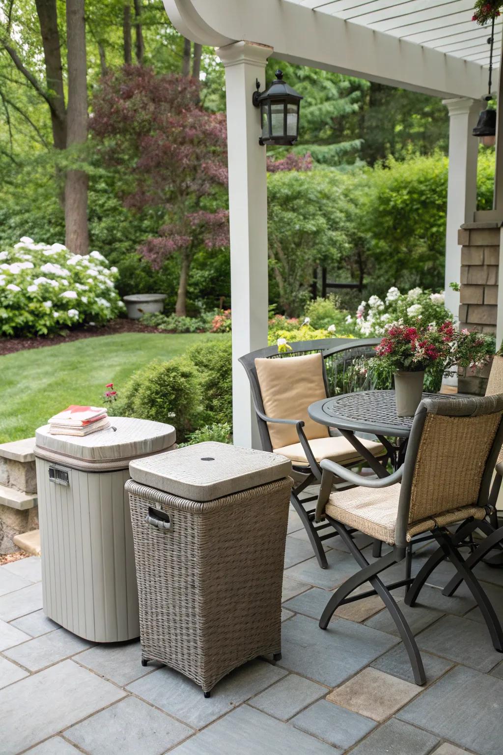 A patio featuring outdoor furniture that cleverly disguises trash bins.