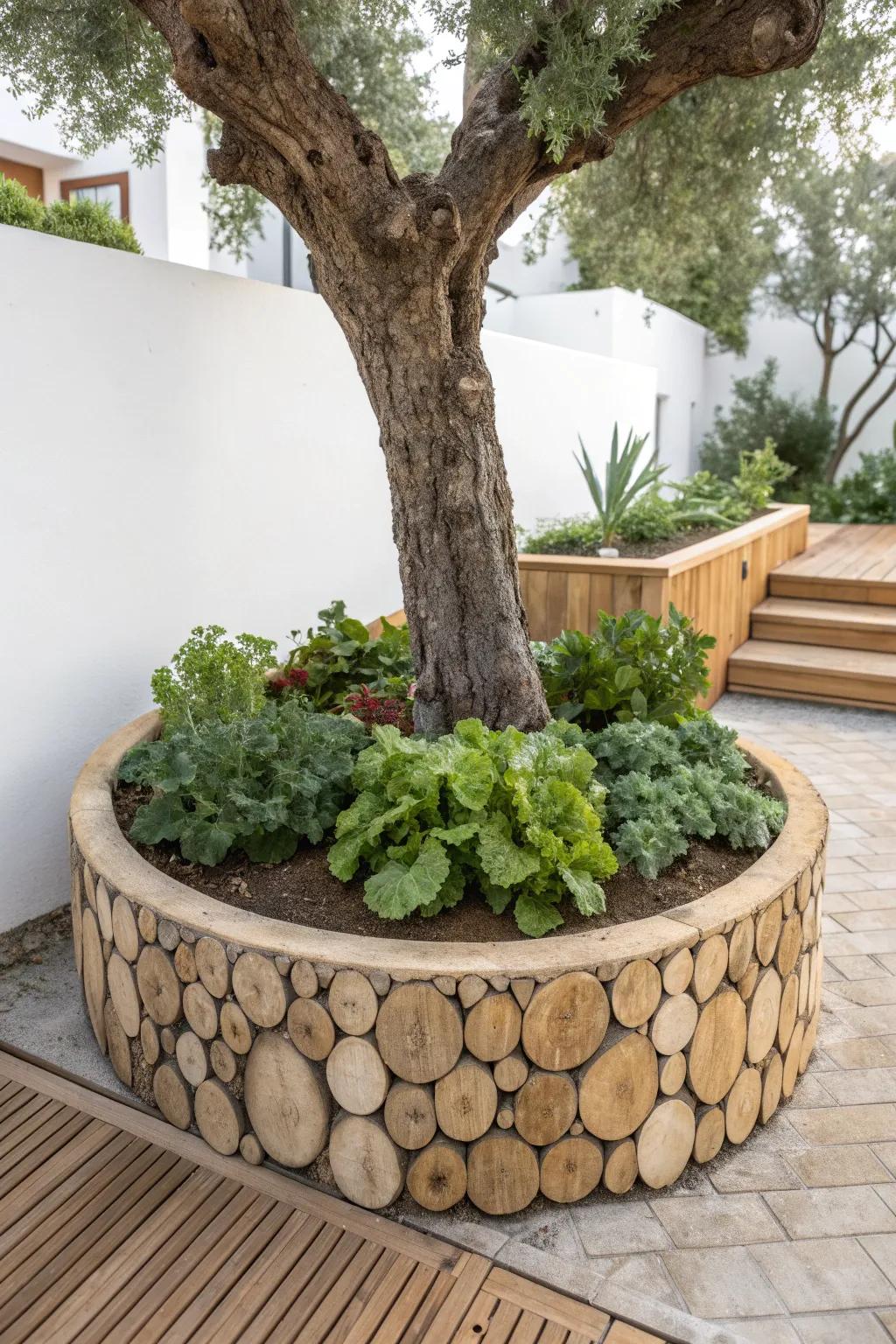 Elevate your garden style with this stunning tree ring raised bed for veggies.