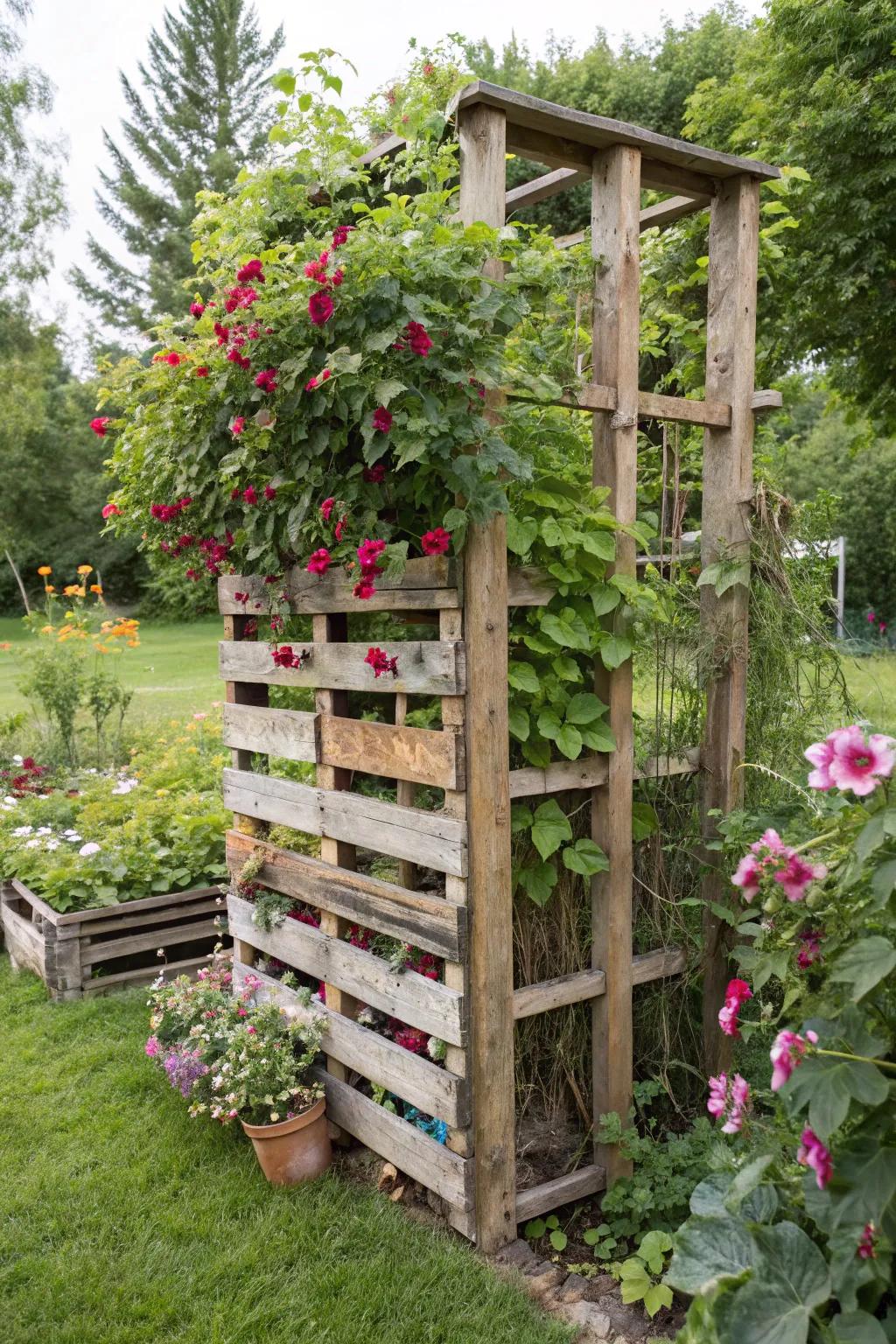 Transform old possessions into a captivating recycled trellis.
