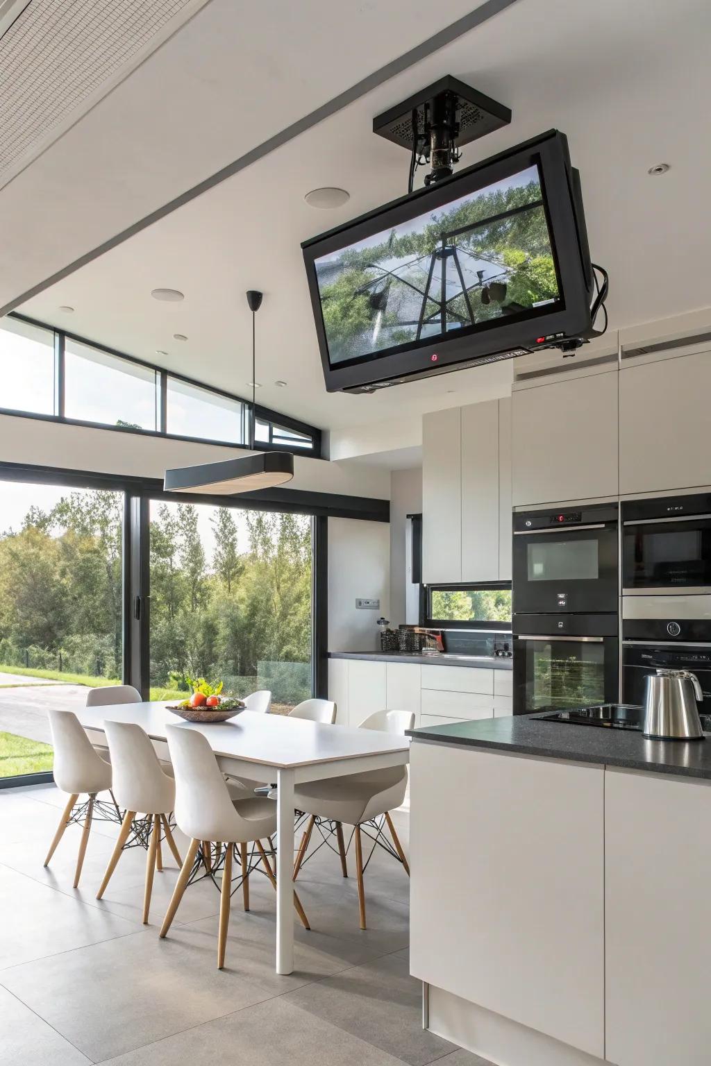 A TV mounted overhead in the cooking space, which provides adjustable viewing angles.