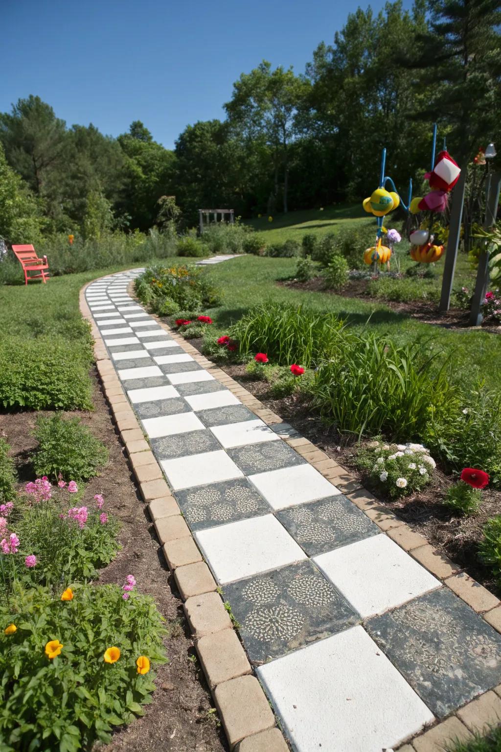 Checkerboard routes convey a playful and animated motif to garden blueprint.