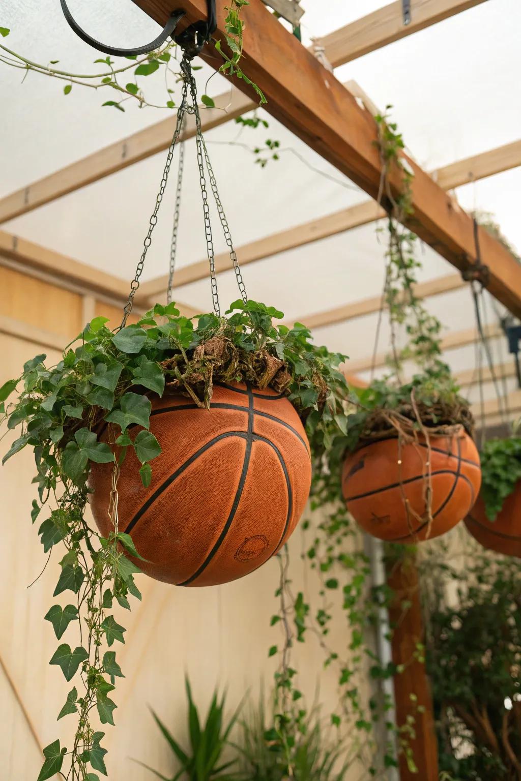 Basketballs become sporty and unique hanging planters.