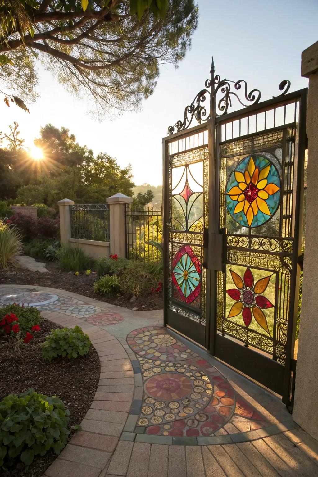 Dyed crystal panels showering the gate with a spectrum of colors.