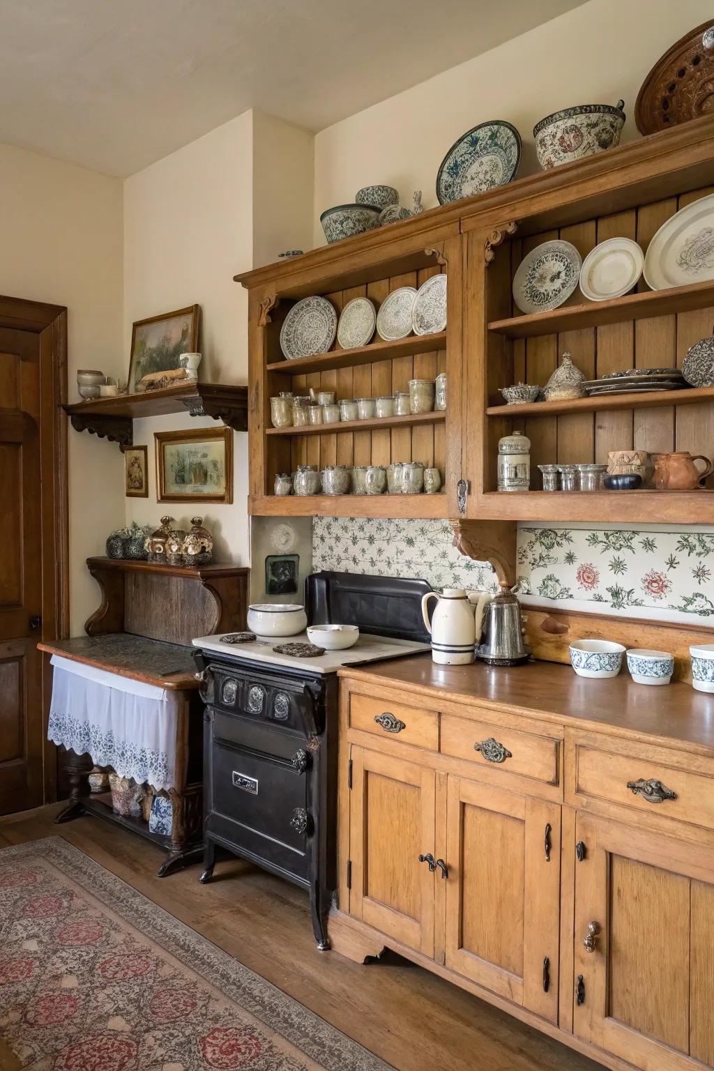 Display shelving showcases personal collections in a Victorian kitchen.