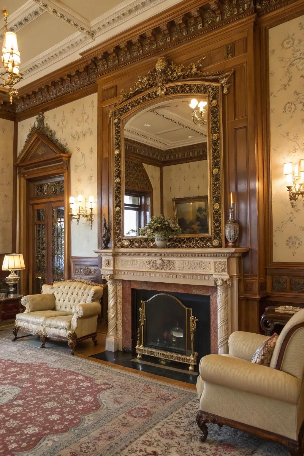 A gilded mirror over the fireplace adds elegance and light to the space.