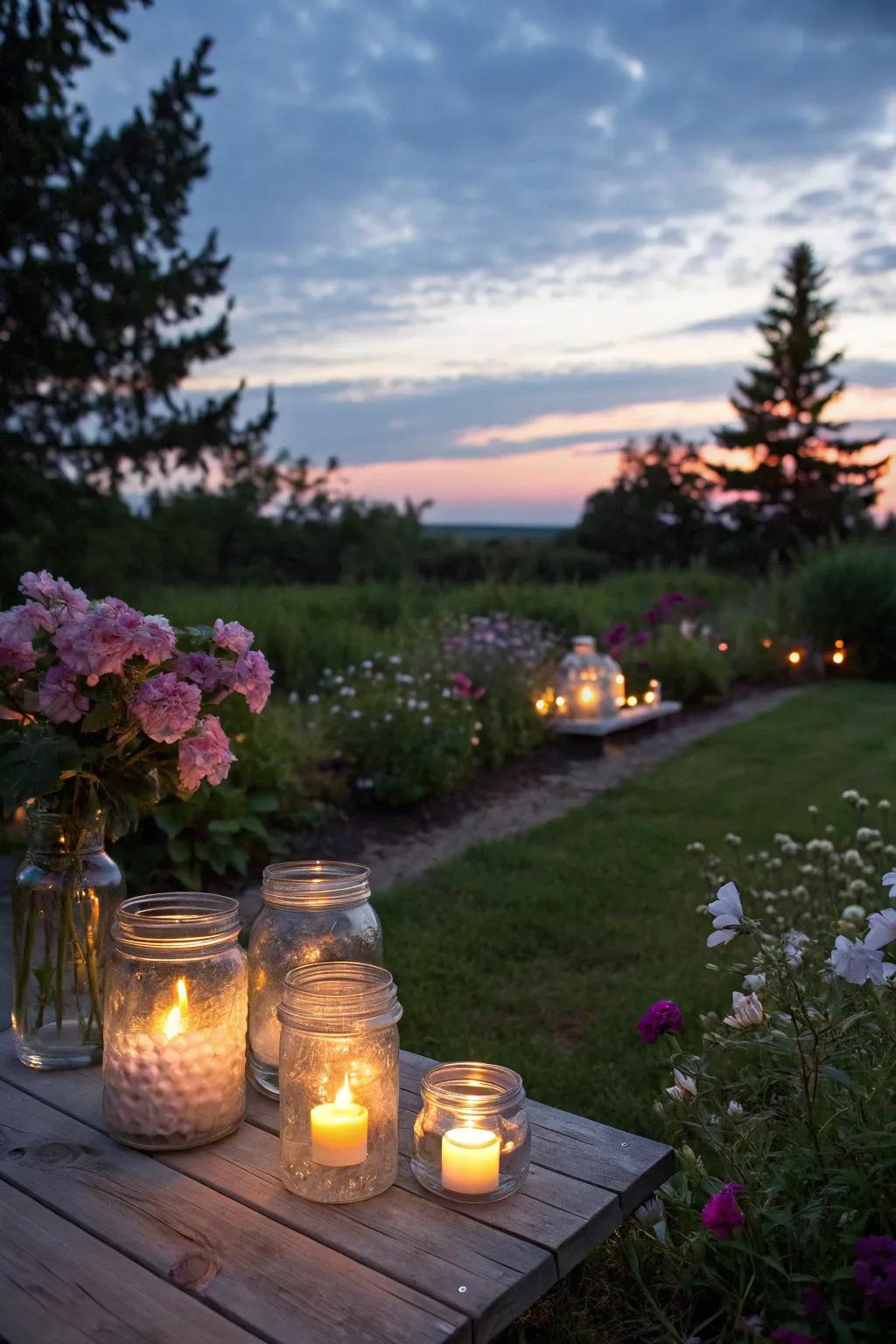 Mason jars make enchanting lanterns for garden lighting.