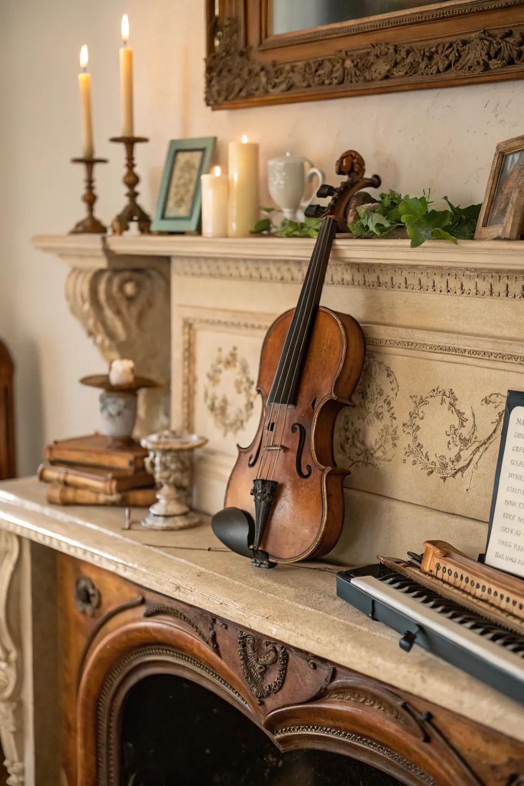 Vintage musical instruments add artistic flair to this charming mantel.