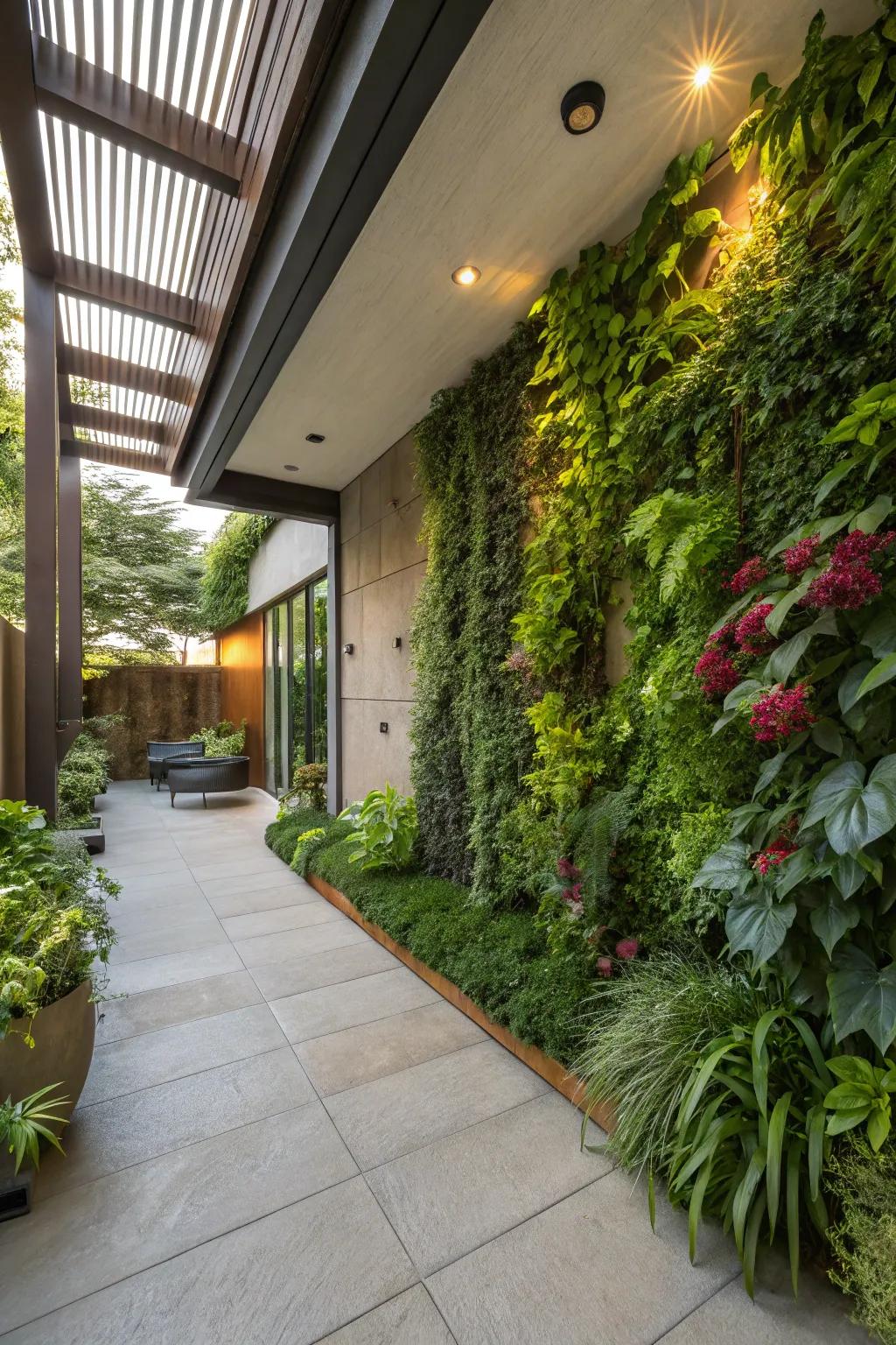 Vertical gardens adding a lush touch to a walkout basement patio.