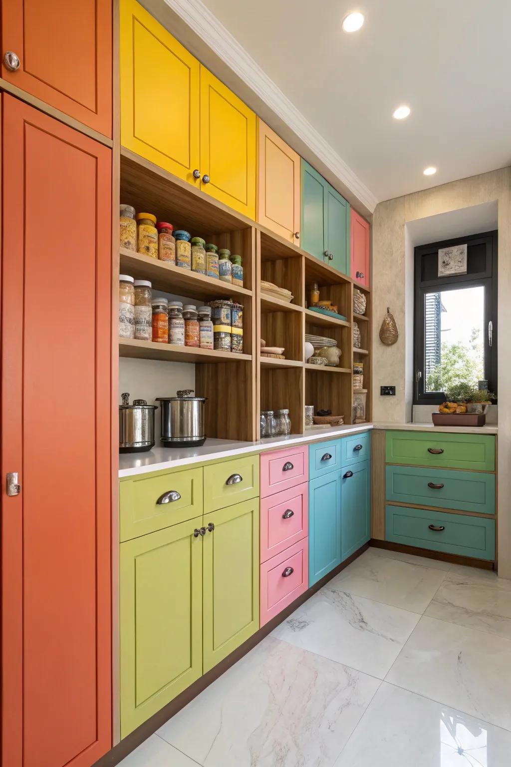 Vibrant cabinetry making a bold pantry statement.