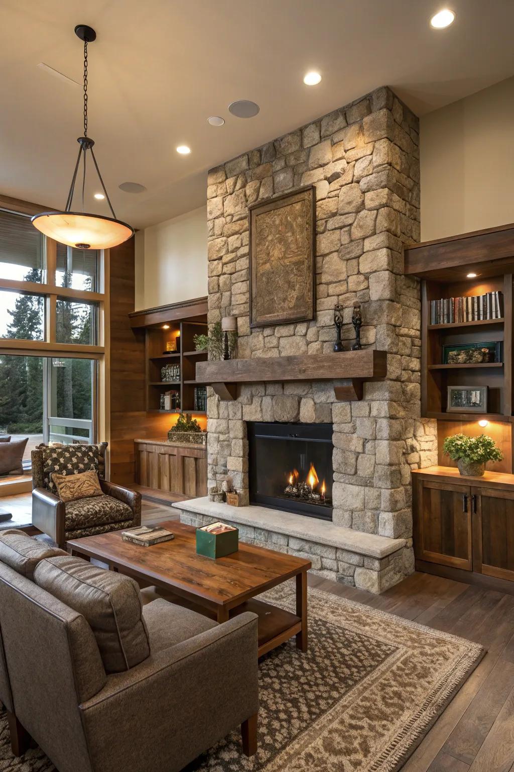 A stone hearth conjures a warm and welcoming focal attraction.
