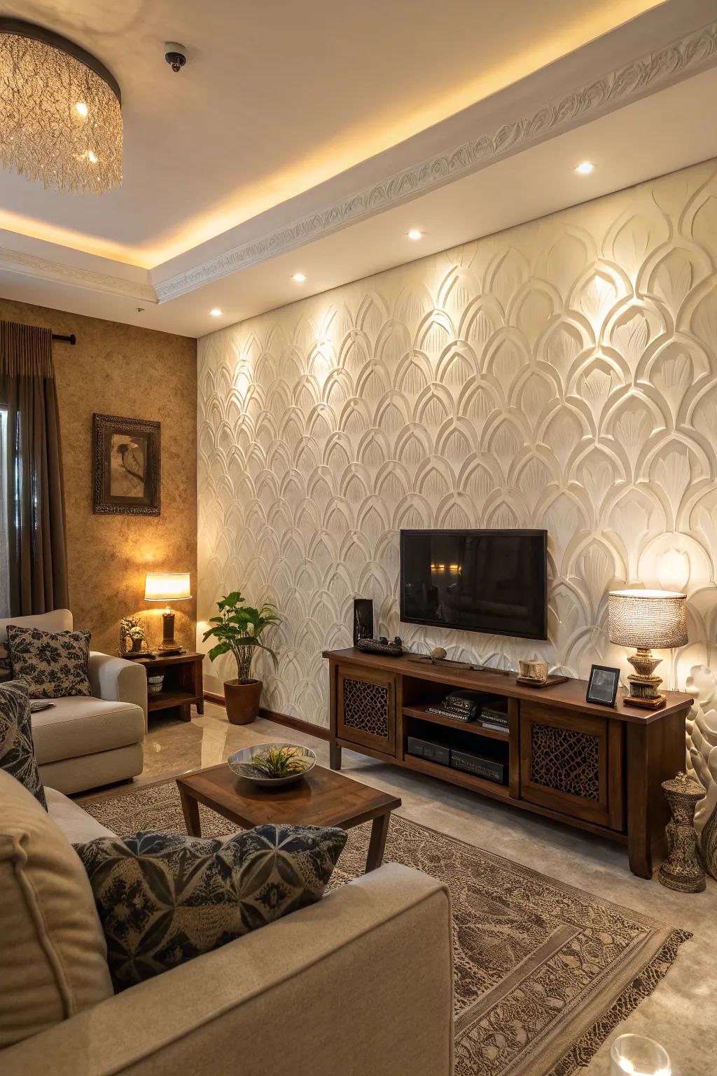 A neutral living room gains intrigue and depth from textured walls.