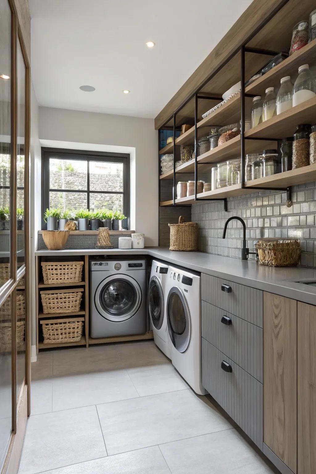 Shelving around appliances maximizes storage in a kitchen.