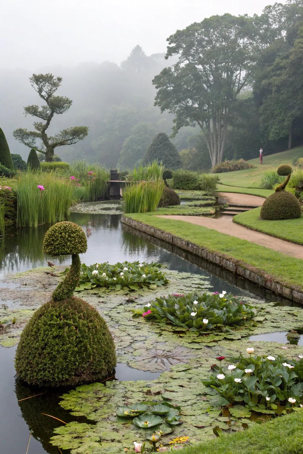 Living plant sculptures add an artistic touch.