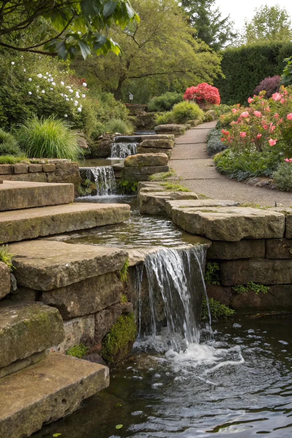 An elegant garden cascade employing stone steps to conceive a multi-level outcome.