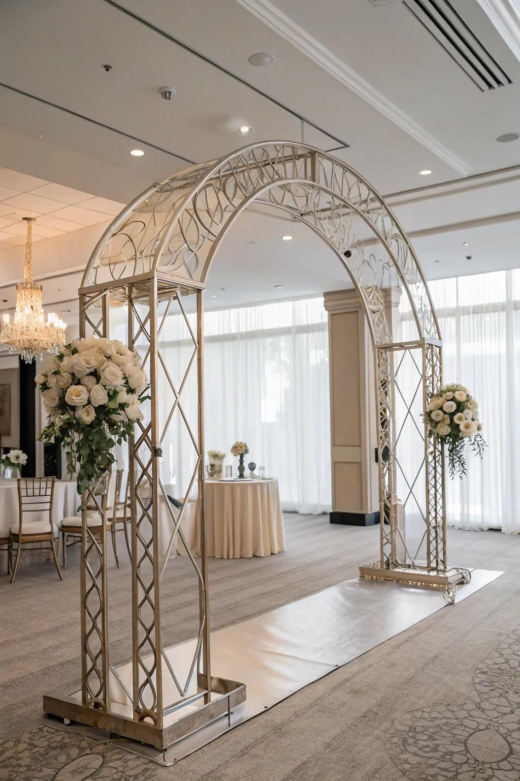 Metallic accents add modern elegance to an indoor wedding arch.