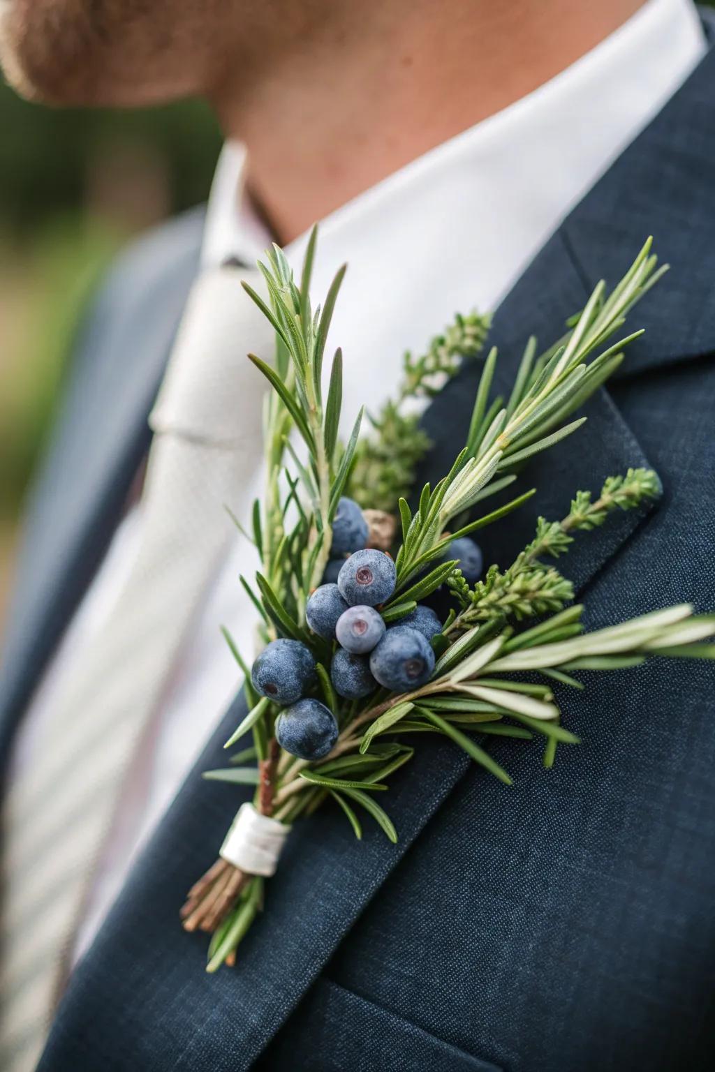 Distinctive corsage featuring rosemary and blueberries