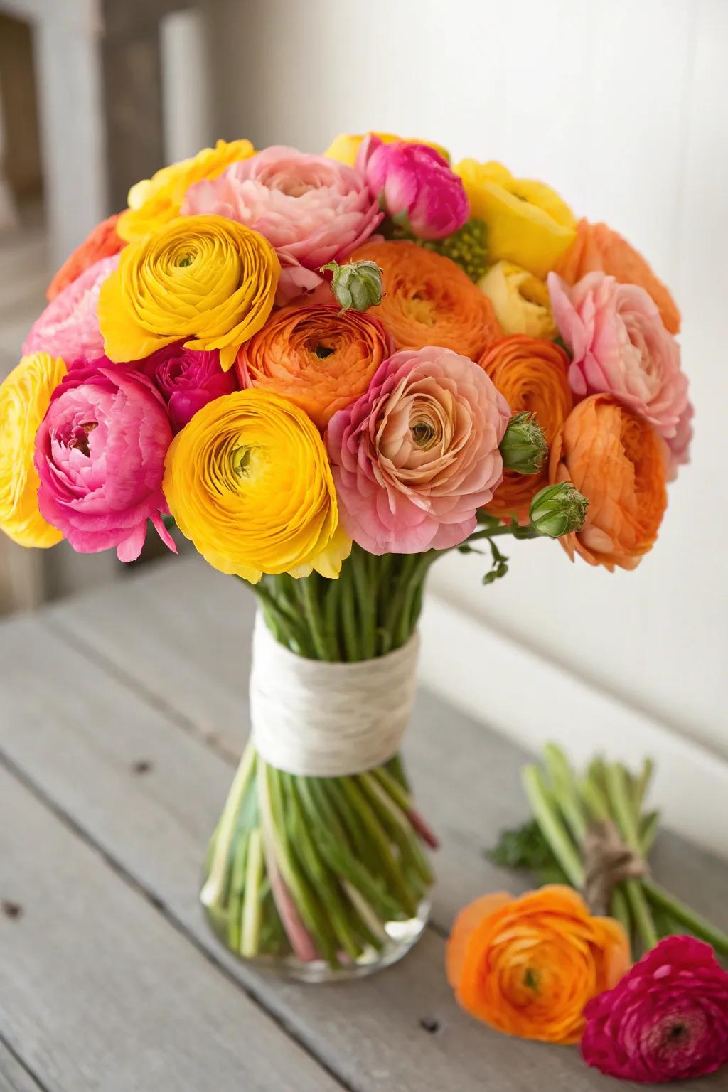 A vibrant ranunculus arrangement full of color and charm.