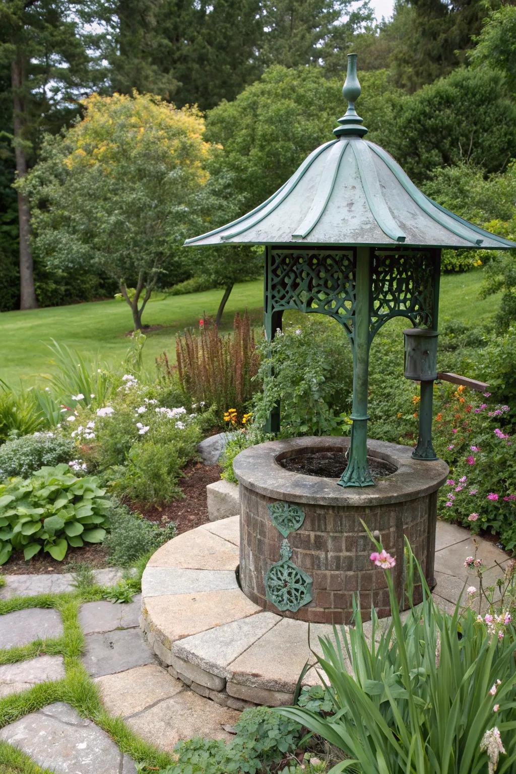 A sculptural well cover makes a bold statement in this garden.