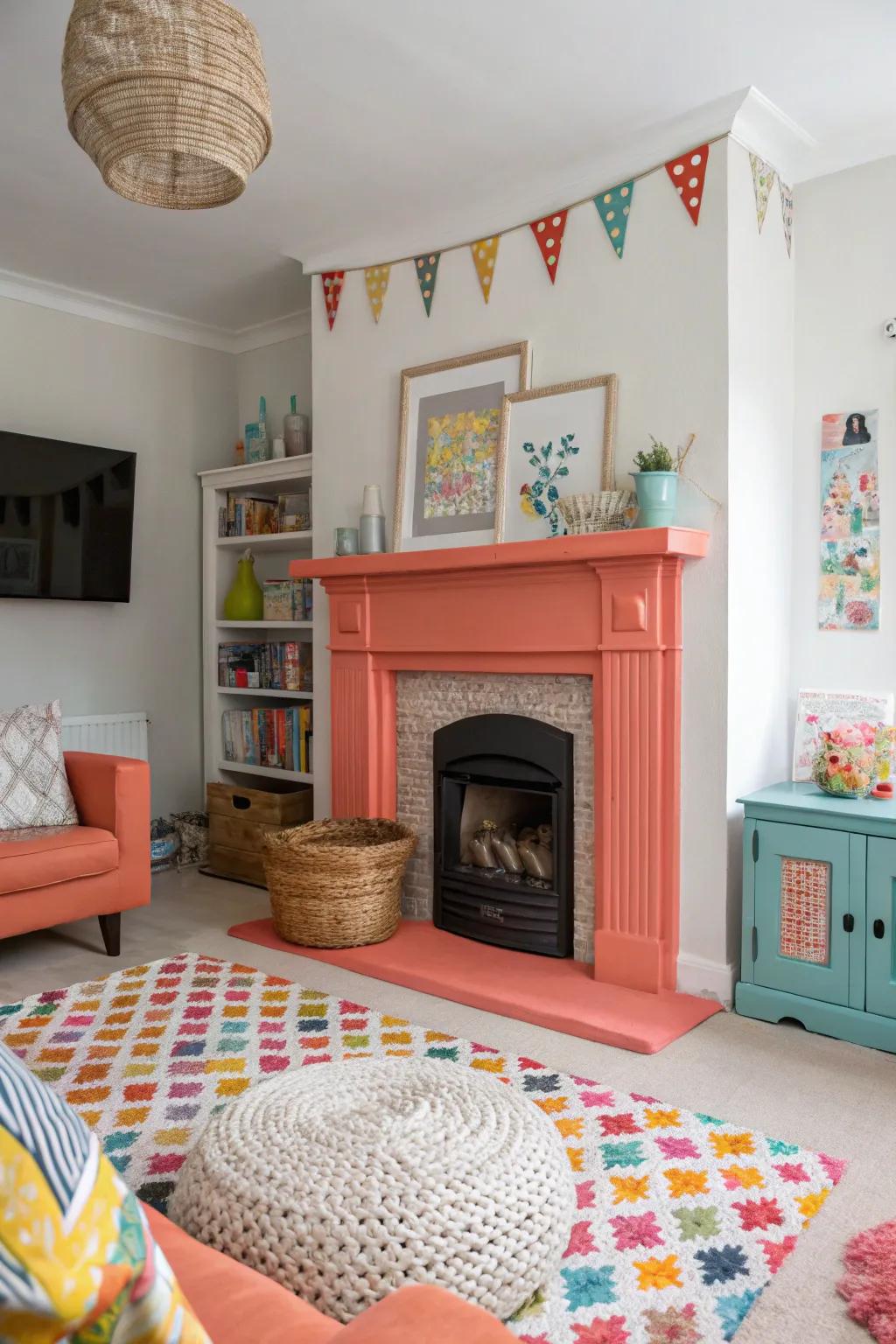 A coral fireplace infuses energy and creativity into this lively space.