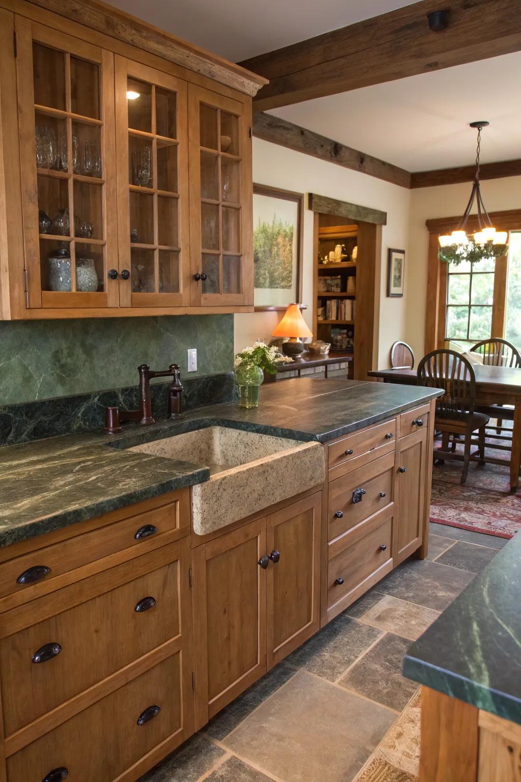 Soapstone countertops offer unique charm and natural beauty.