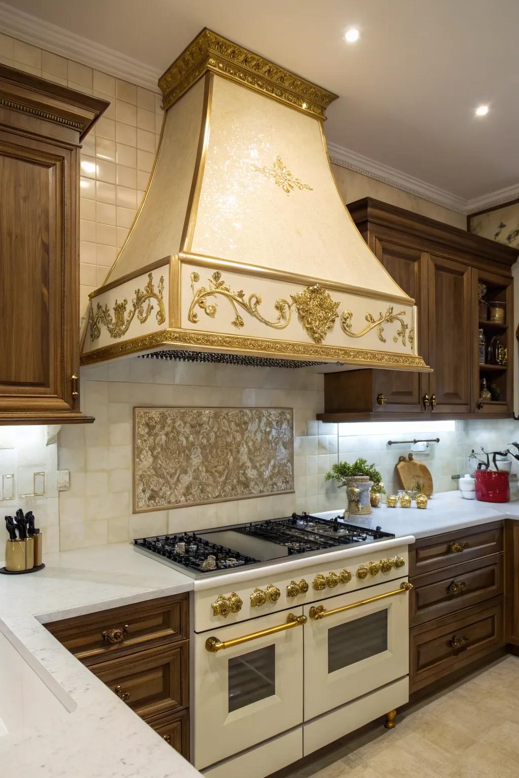 A gold accented range hood adds elegance to your cooking space.