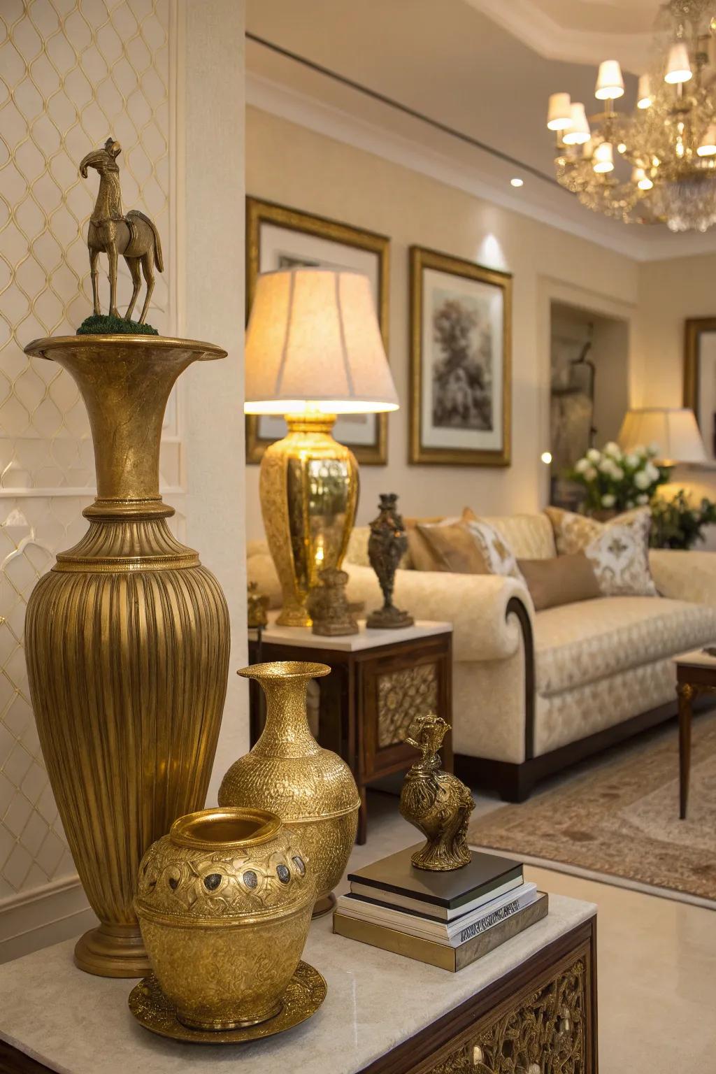 Golden vases and sculptures introduce texture and personality.