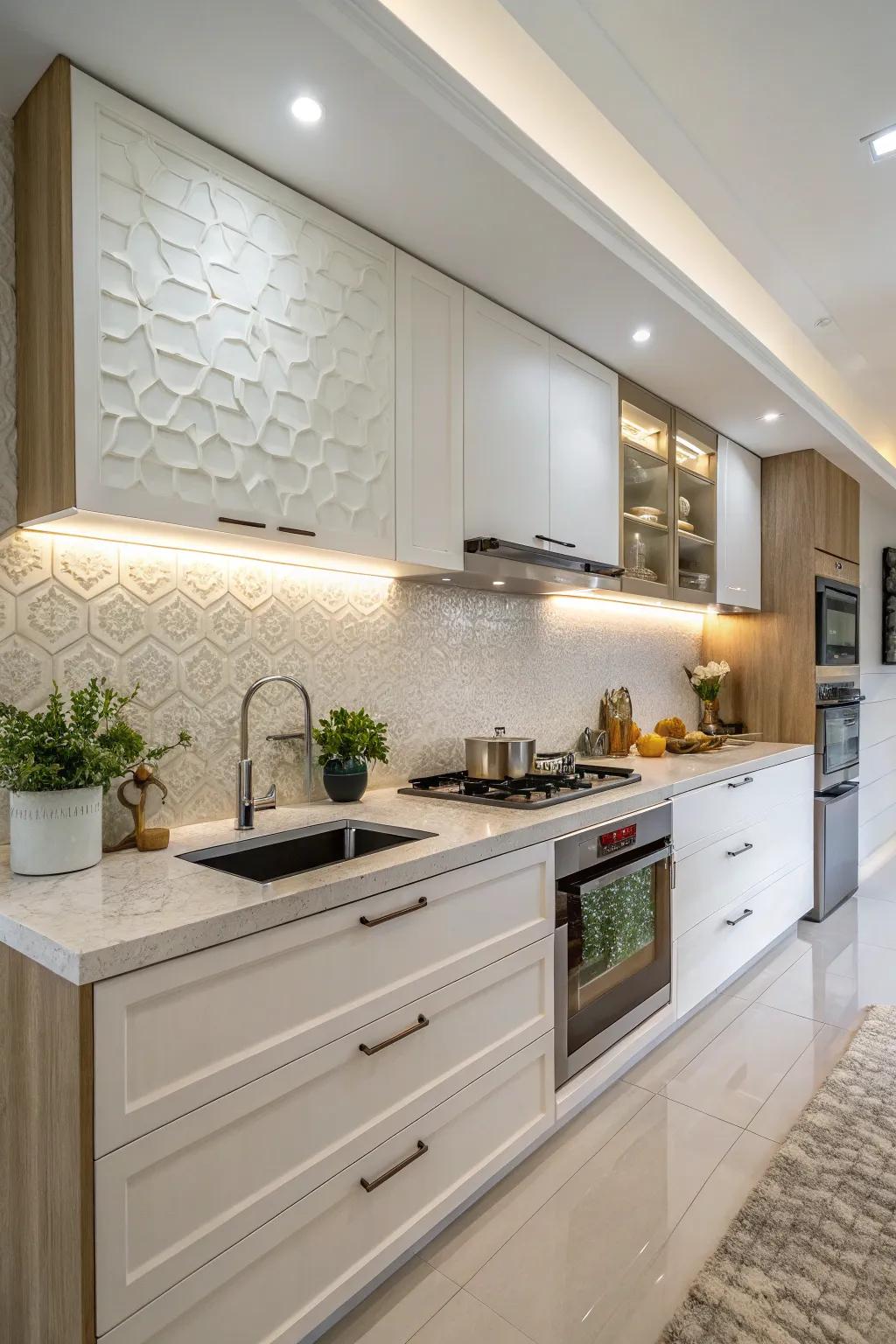 Eco-friendly white backsplash using reclaimed materials.
