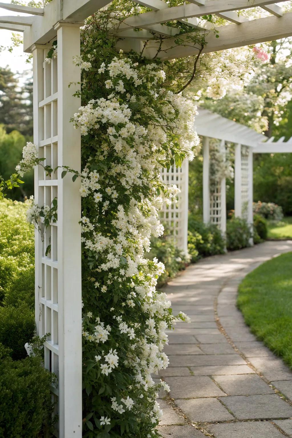 An architectural white trellis supports climbing plants with grace.