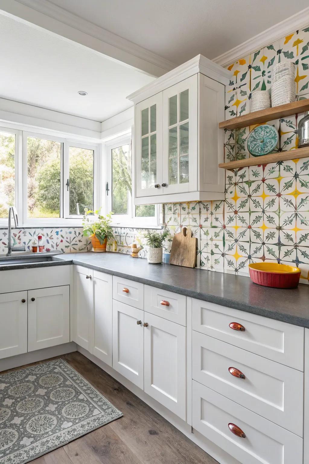 A unique backsplash adds playful interest.