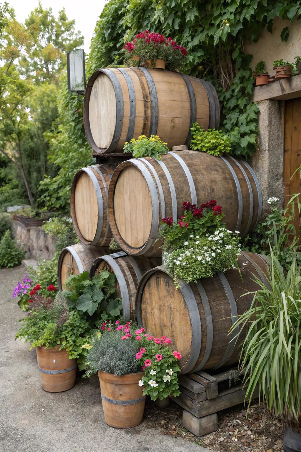 A multi-barrel garden display with diverse plants.