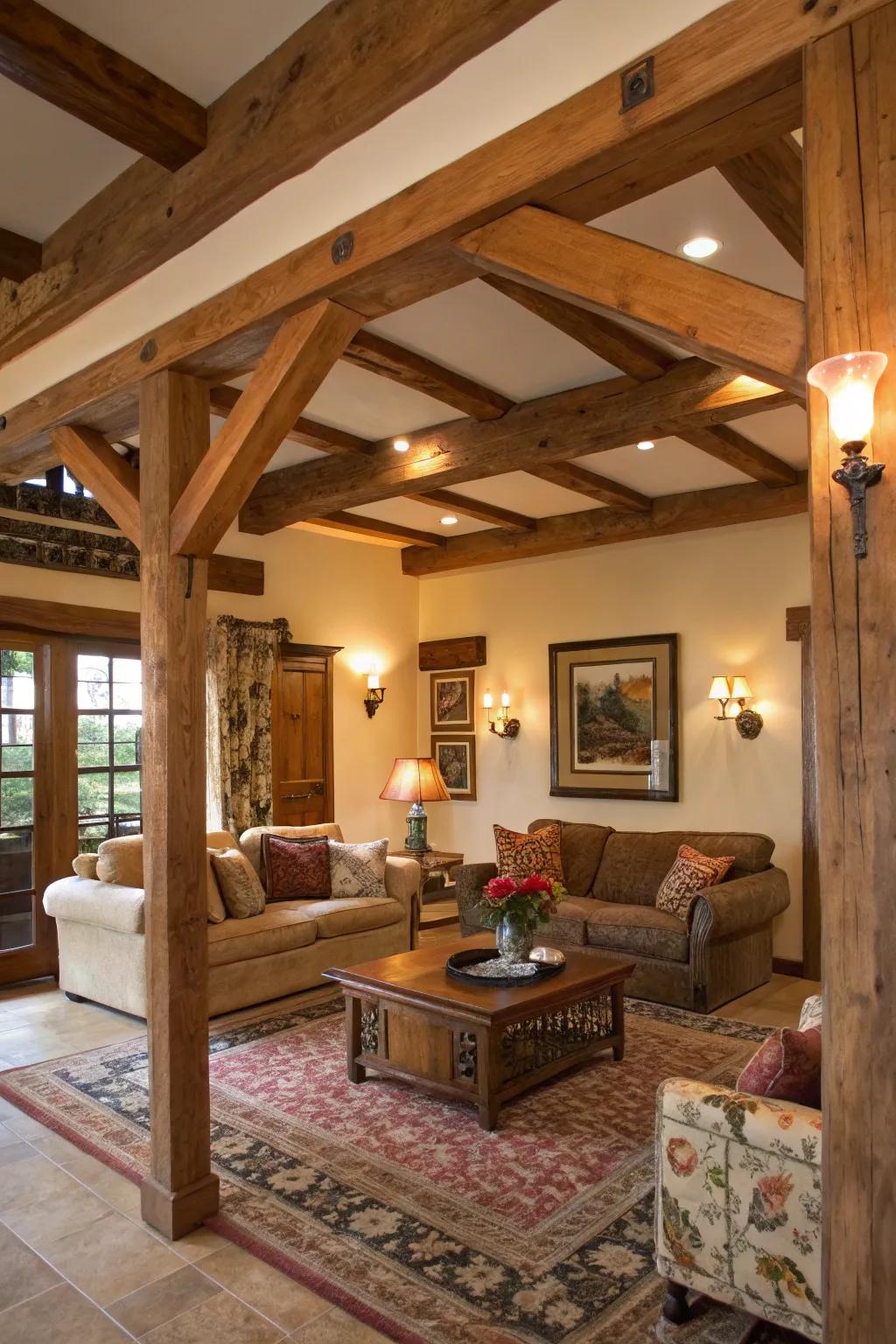 A defined living space with wooden beams outlining the room.