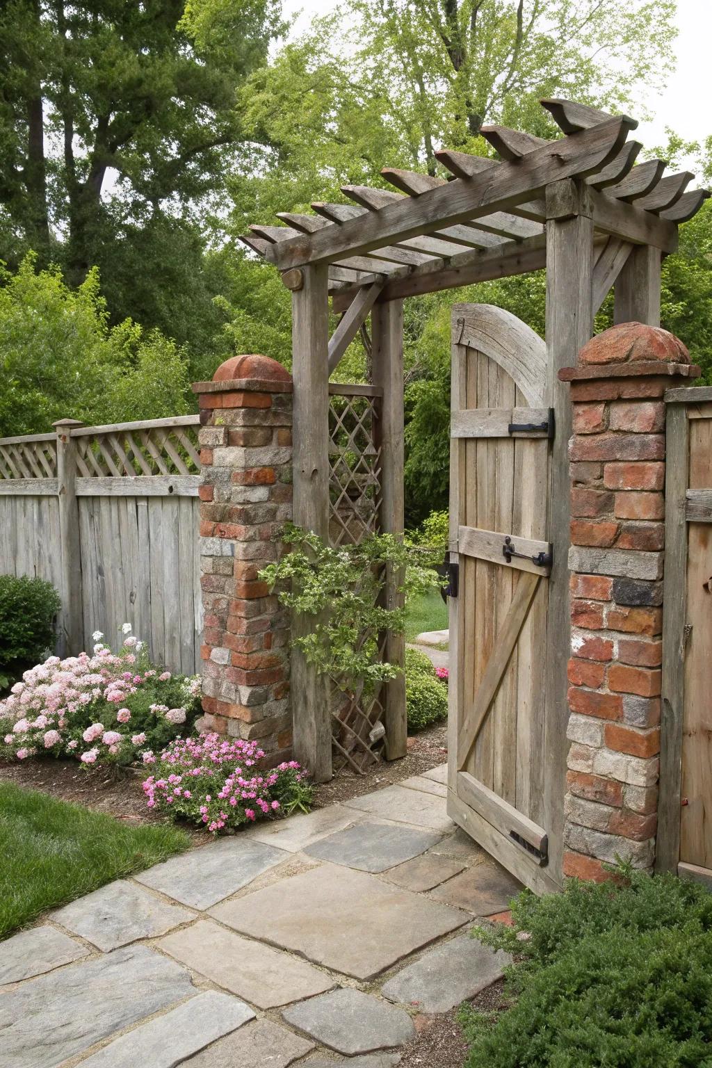 Archway doors featuring mixed materials craft charming garden entrances.