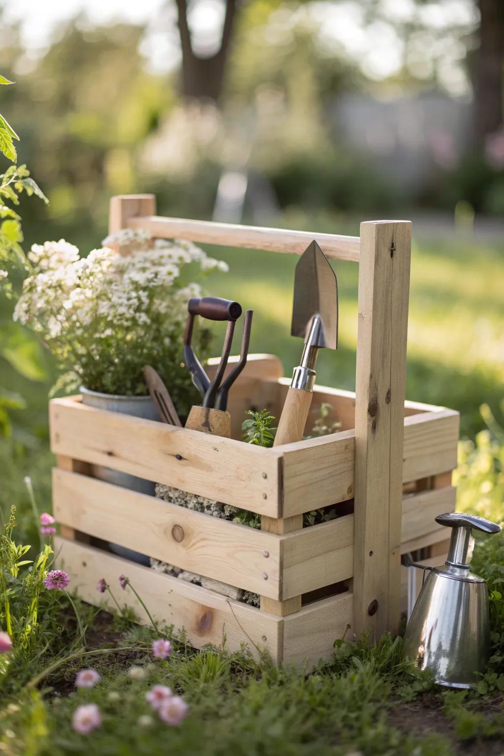 Elevate your garden organization with a charming wooden crate tool organizer. 🌿✨