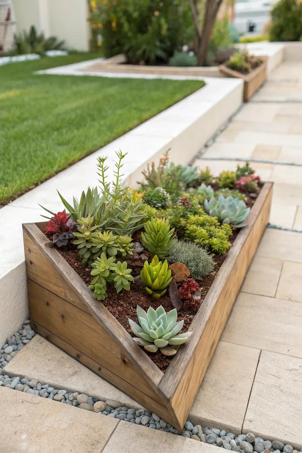 A modern twist with a triangular planter box filled with succulents.