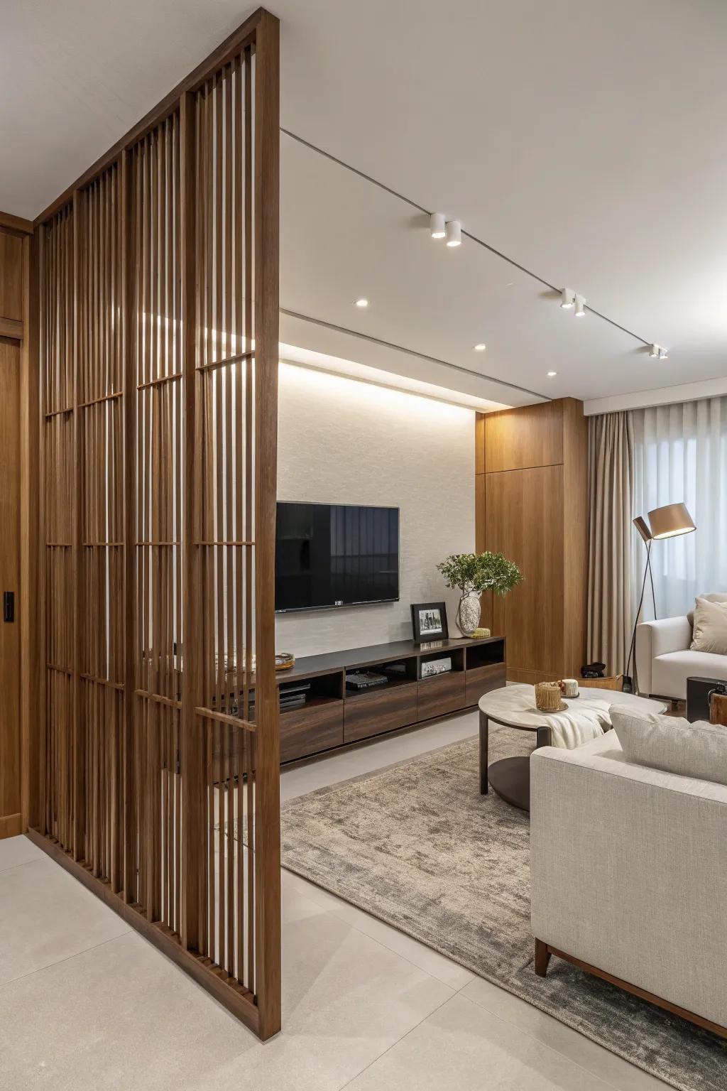 Minimalist partitions enhance the modern aesthetic of this living room.