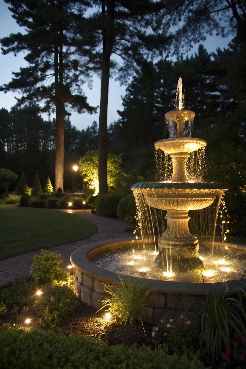A lighted waterfall fountain creating a magical nighttime glow.