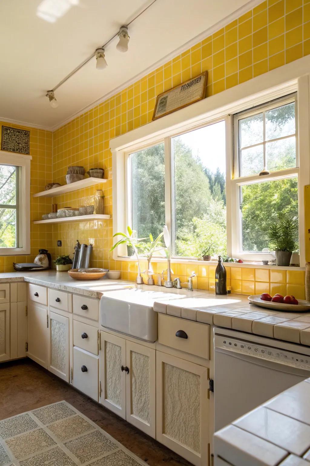 Natural light accentuates the bright and cheerful yellow backsplash.