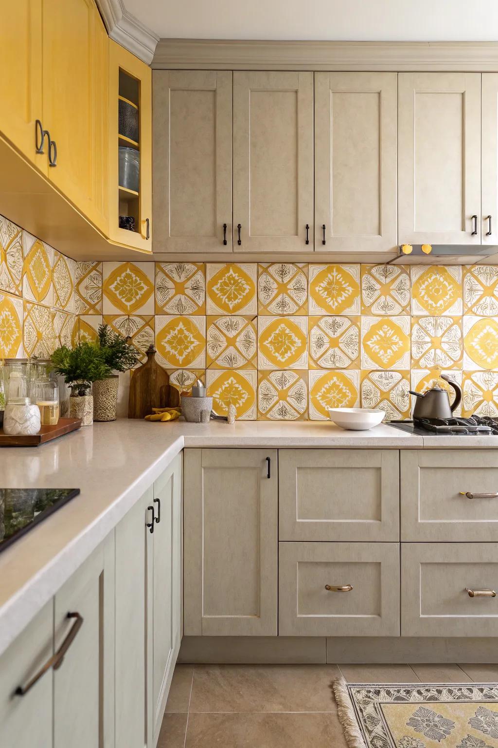 Spirited patterns featuring gold squares in the cooking space.