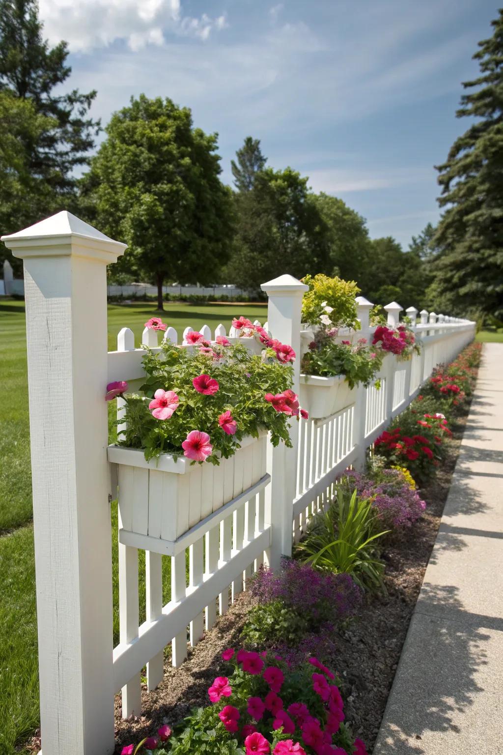 Add greenery with a fence featuring integrated planter boxes.