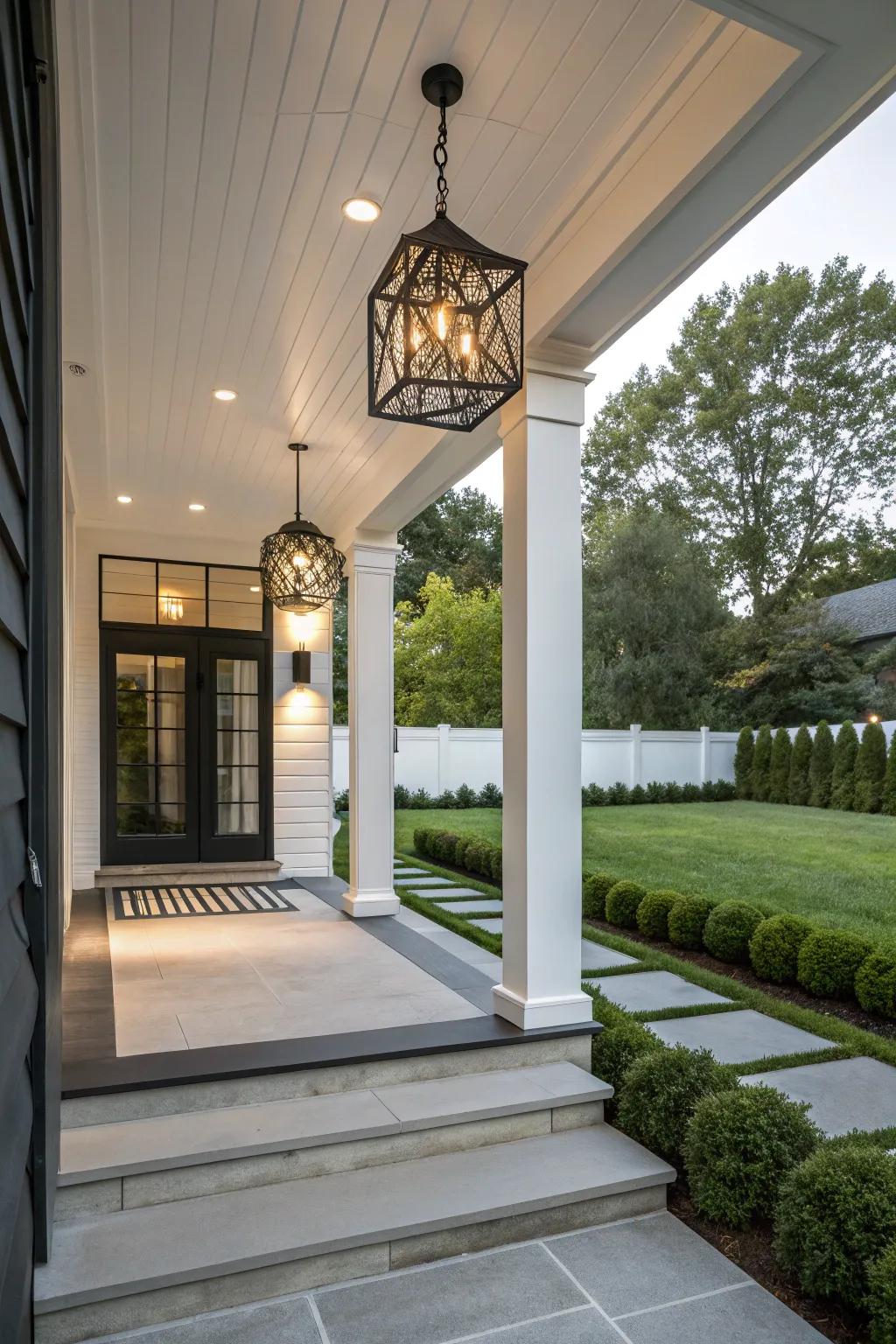 Statement lighting adds character to a modern porch.