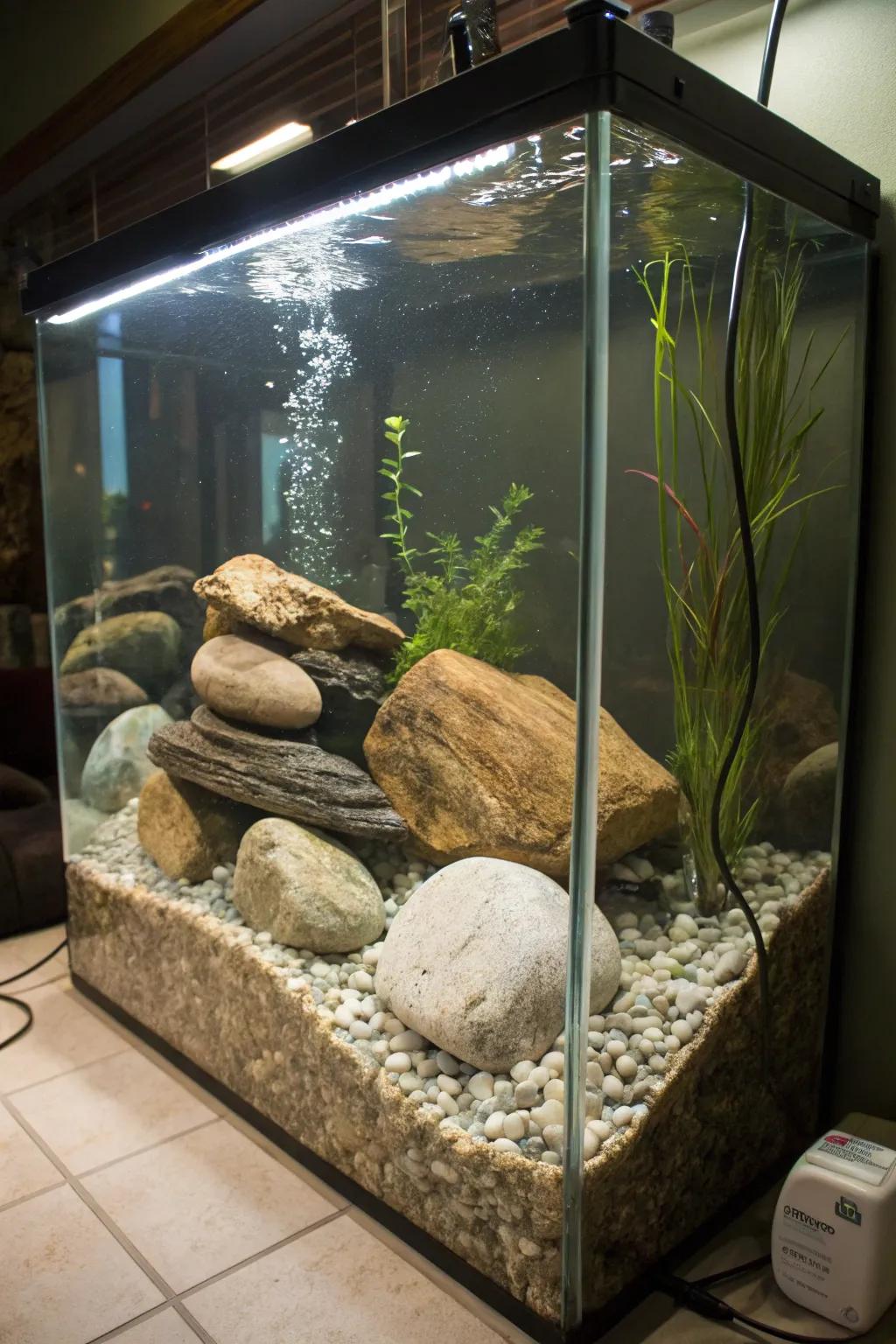 An artistic rockscape aquarium that doubles as a piece of living art.