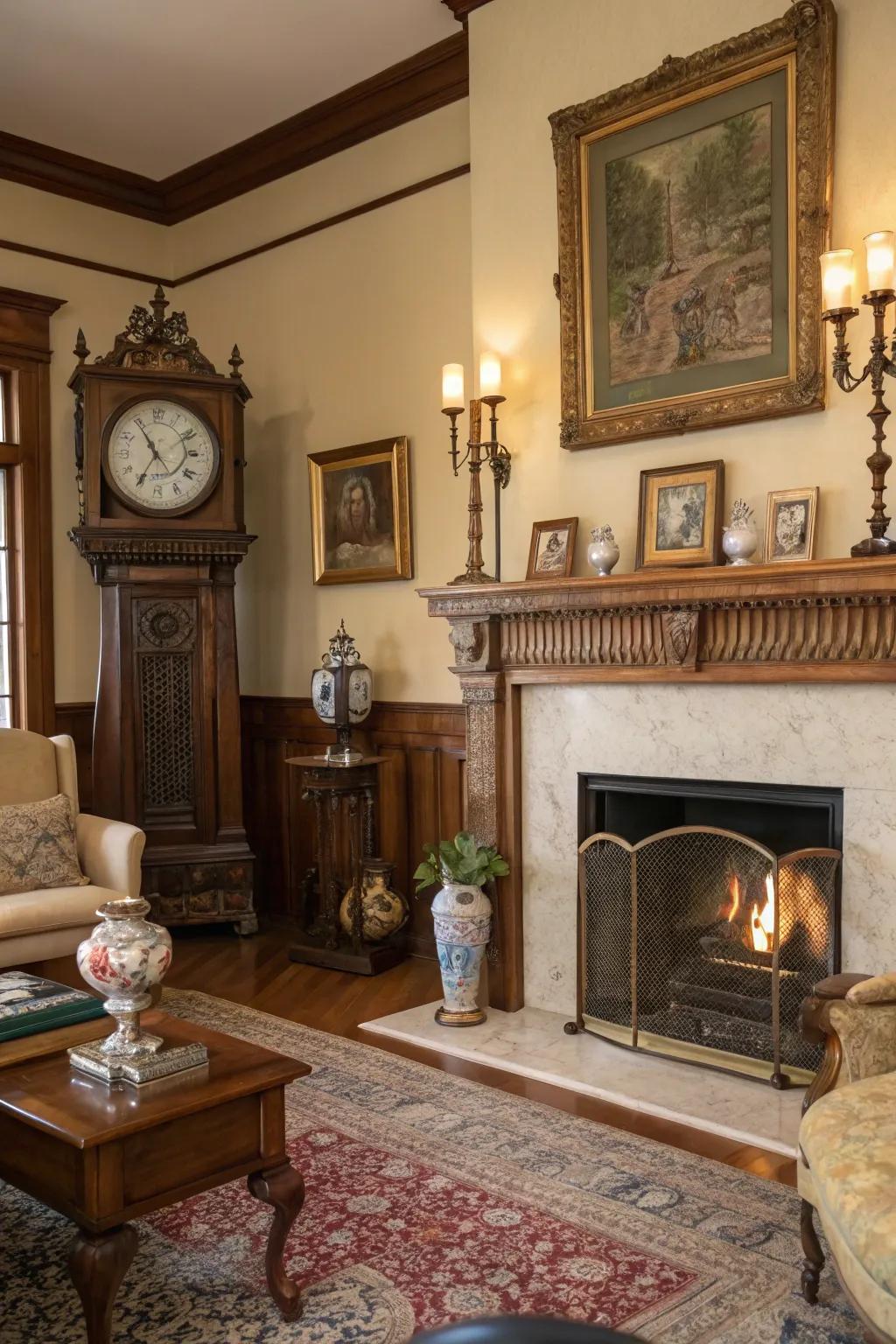 Antique decor brings timeless charm to the fireplace.