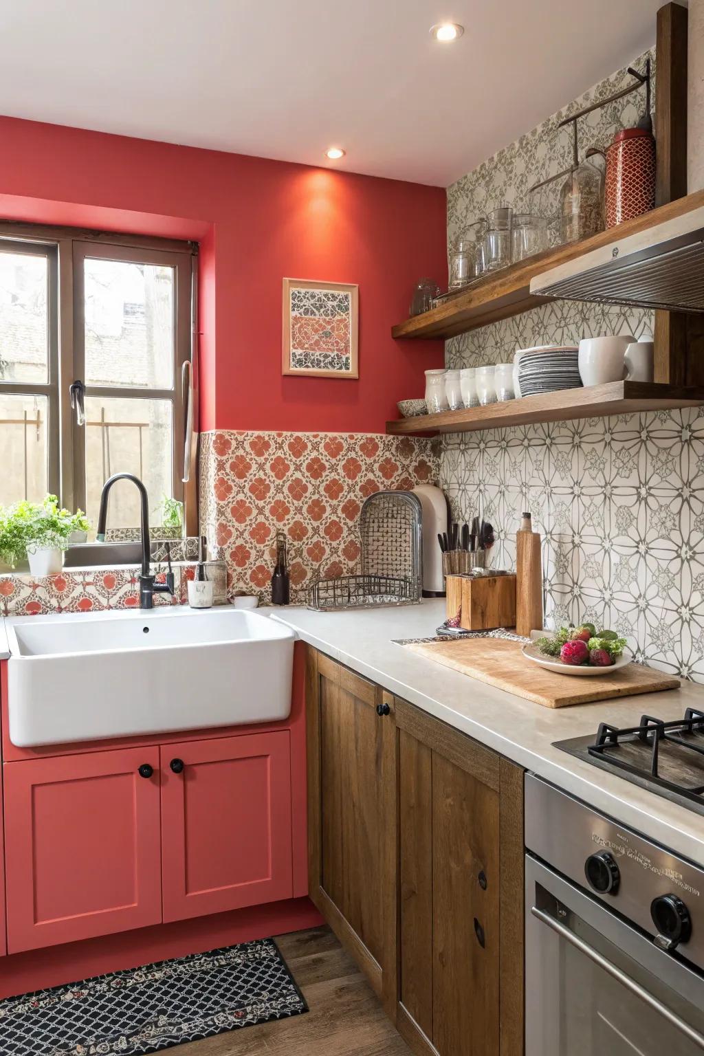 A feature wall adds drama and focus to the kitchen.