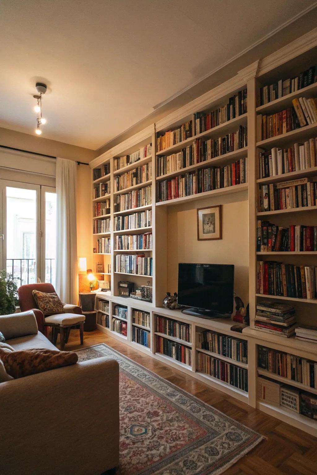An accent wall of bookshelves creates a dramatic and inviting living room.