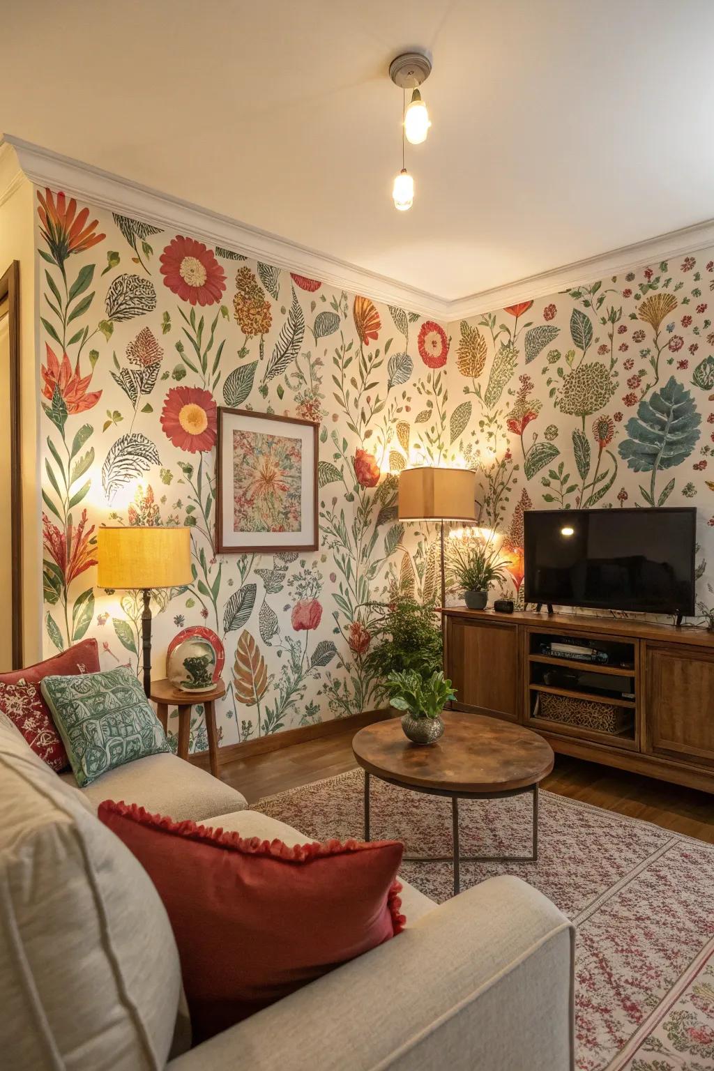 Vibrant easily removable wall covering adds personality to this rental-friendly living room.