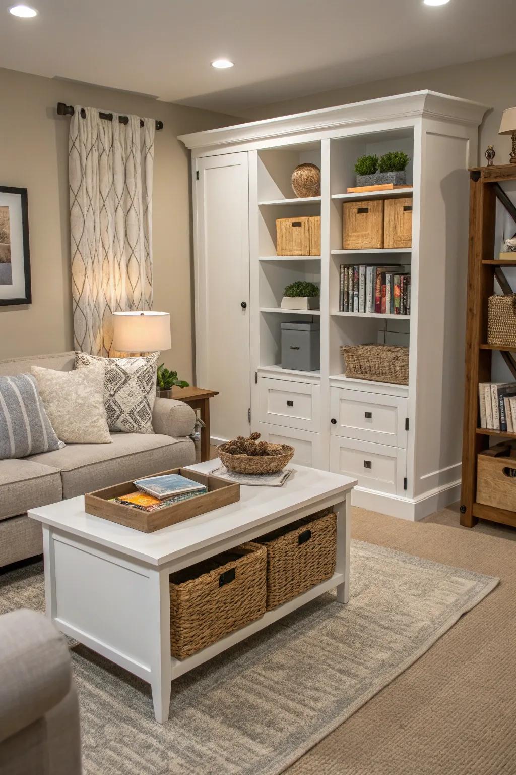 Smart storage solutions ensure that this compact living room is neat and well-organized.